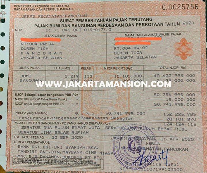 LS1349 Tanah Jalan Duren Tiga dekat Mampang Prapatan Pancoran Luas 3.220m Dijual Murah Harga NJOP 15,5 juta/m