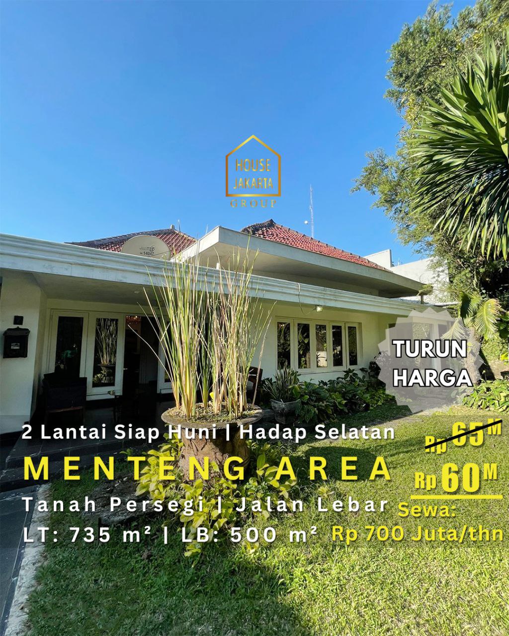 HS1826 For sale/Rent Rumah Menteng 2 Lantai Siap Huni. Hadap Selatan, Tanah Persegi. Jalan Lebar