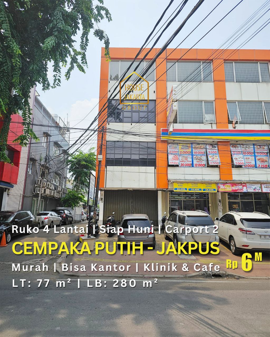 CS1877 Ruko 4 Lantai Di Cempaka Putih - Jakpus, Siap Huni Carport 2, Murah, Bisa Kantor, Klinik & Cafe