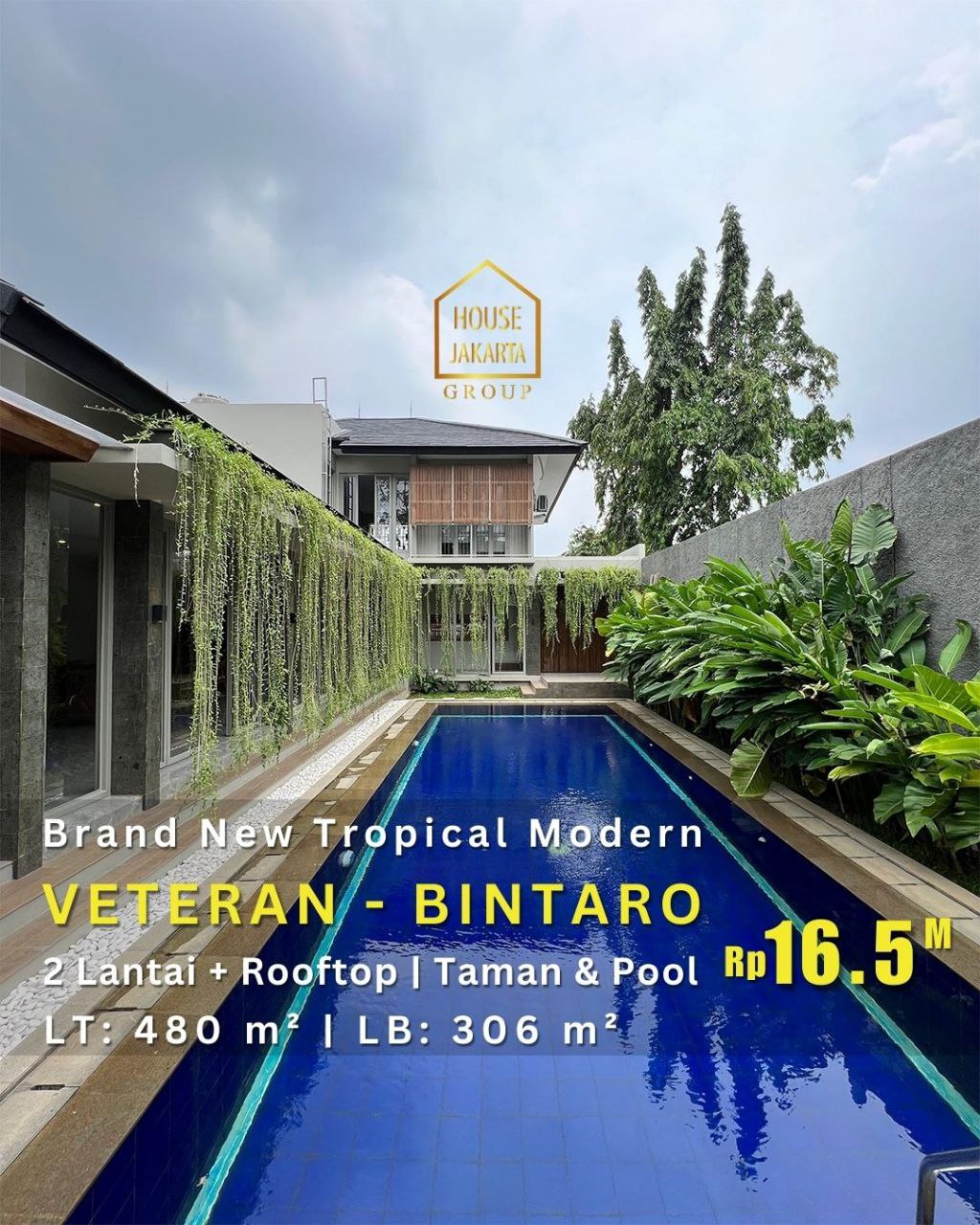 HS1925  Brand New Tropical Modern Veteran - Bintaro, 2 Lantai + Rooftop, Taman & Pool