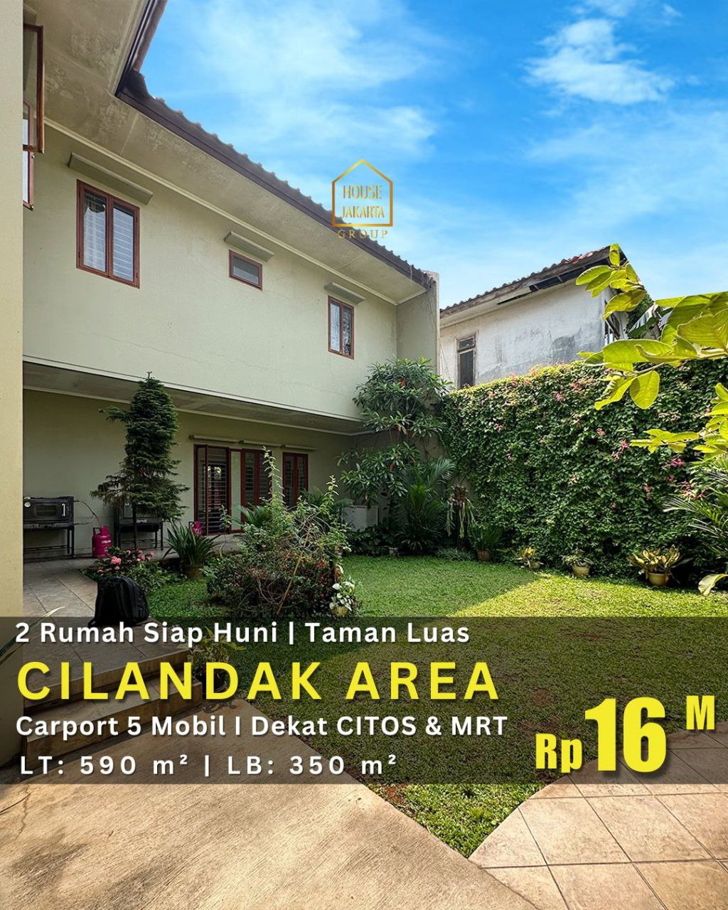 HS1968 Dua Bangunan Rumah Siap Huni 2 Lantai Murah di CILANDAK. Taman Luas, Carport 5 Mobil. Lokasi Strategis Dekat Citos dan MRT