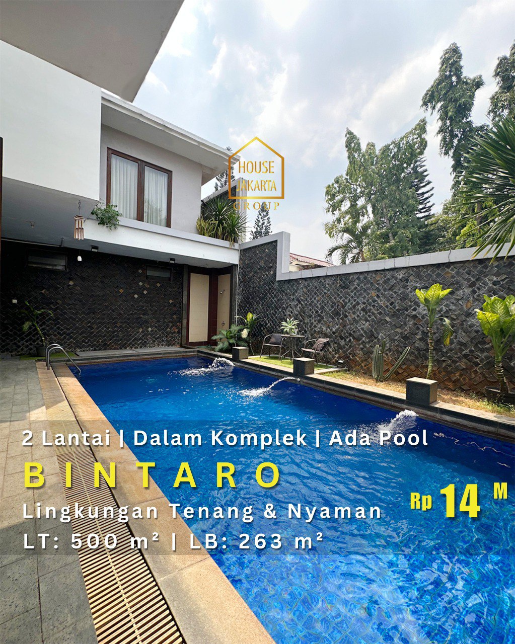 HS1973 FOR SALE: BINTARO. Rumah Mewah Murah 2 Lantai Siap Huni, Dalam Komplek, Marmer. Garden & Swimming Pool
