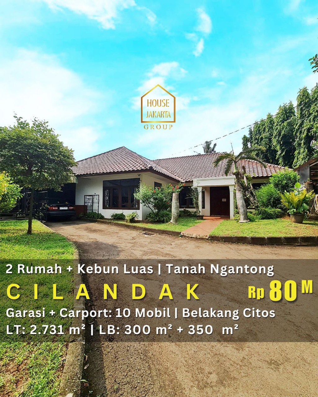 HS1982 FOR SALE: CILANDAK: 2 Bangunan Rumah dengan Kolam Renang dan Kebun Luas. Bentuk Tanah Ngantong. Srategis Belakang CItos. Bebas Banjir