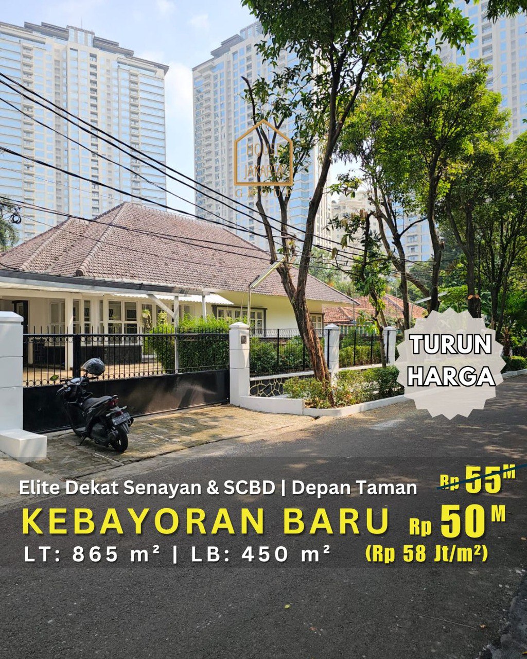 HS1984 TURUN HARGA KEBAYORAN BARU. Rumah Siap Huni Depan Taman. Lingkungan Tenang. Area Elite Dekat Senayan & SCBD