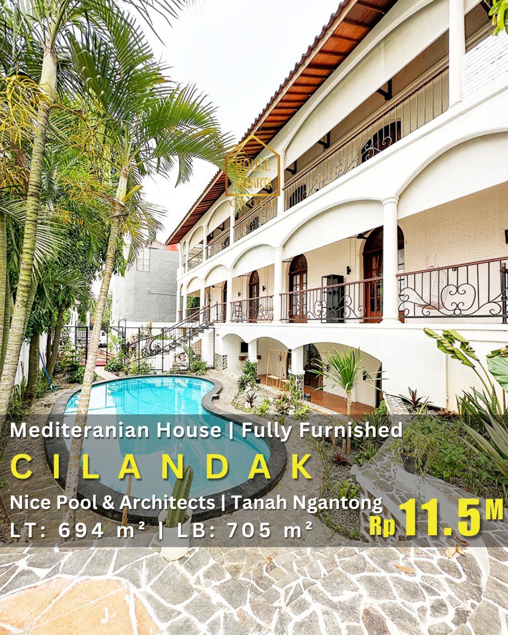 HS1989 FOR SALE: CILANDAK: Rumah Mediteranian Fully Furnished. Nice Pool & Architects. Bentuk Tanah Ngantong. Parkir bisa 7 Mobil