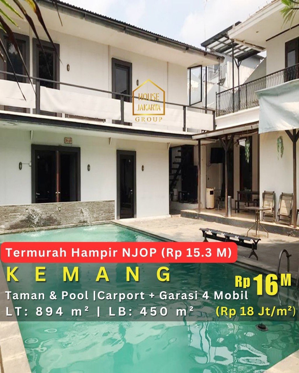 HS1990 FOR SALE: KEMANG. Rumah Murah Harga di Bawah NJOP. Ada Pool Kolam Renang dan Taman. 