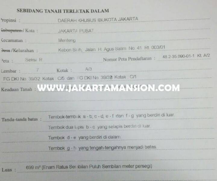 CS902 Tanah Jalan Agus Salim Sabang Menteng Dijual Murah ijin bisa Gedung 7 Lantai
